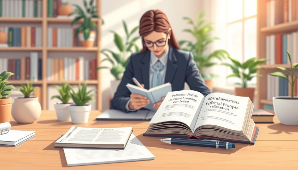 A serene and inviting workspace scene showcasing self-awareness exercises. In the foreground, a well-organized desk with a journal, a pen, and a mindfulness book open to pages featuring reflection prompts. Soft, natural light filters through a nearby window, casting gentle shadows on the wooden surface. In the middle ground, a person in professional business attire, a focus on their contemplative expression as they write in the journal. Surrounding them are potted plants, creating a calming atmosphere. The background features soft, blurred shelves lined with self-help books, enhancing the sense of a nurturing environment. The mood is introspective yet hopeful. Include branding with "nextself.ai" subtly integrated into the design. A serene and inviting workspace scene showcasing self-awareness exercises. In the foreground, a well-organized desk with a journal, a pen, and a mindfulness book open to pages featuring reflection prompts. Soft, natural light filters through a nearby window, casting gentle shadows on the wooden surface. In the middle ground, a person in professional business attire, a focus on their contemplative expression as they write in the journal. Surrounding them are potted plants, creating a calming atmosphere. The background features soft, blurred shelves lined with self-help books, enhancing the sense of a nurturing environment. The mood is introspective yet hopeful. Include branding with "nextself.ai" subtly integrated into the design.
